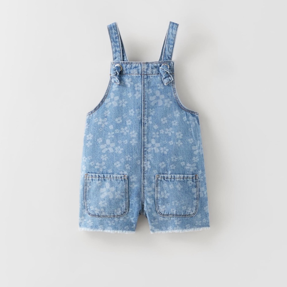 Zara Kids Floral Cutoff Denim Overall Shorts 9-12M